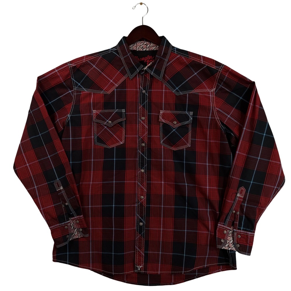 Wrangler 20X Western Shirt Mens XL Red Black Plaid Pearl Snap Cowboy Rodeo
